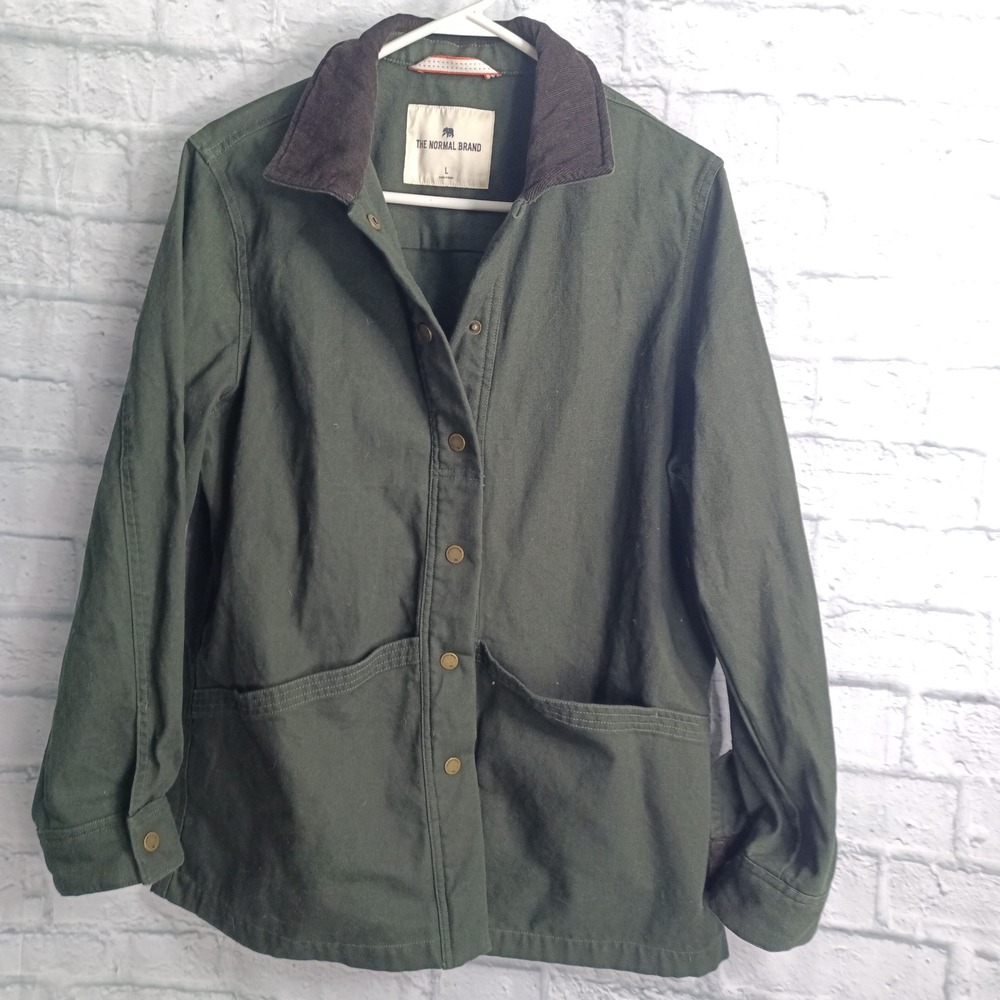 The Normal Brand Mens Large Dark Green Canvas Chore Jacket Brown Corduroy Collar